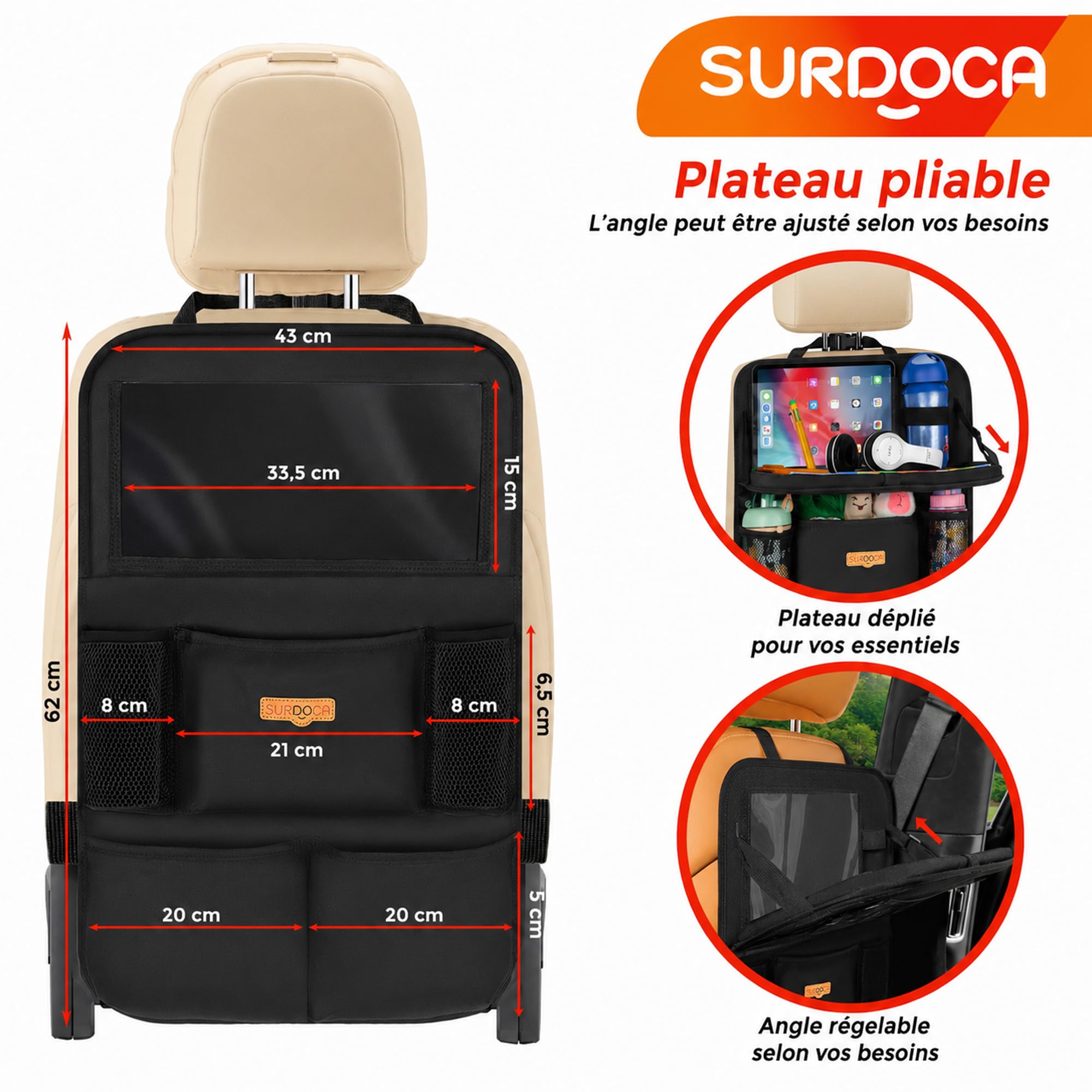 SURDOCA Organiseur de voiture pour enfant avec table pliante et compartiment pour tablette tactile, protection étanche du dossier, s’adapte à la plupart des véhicules