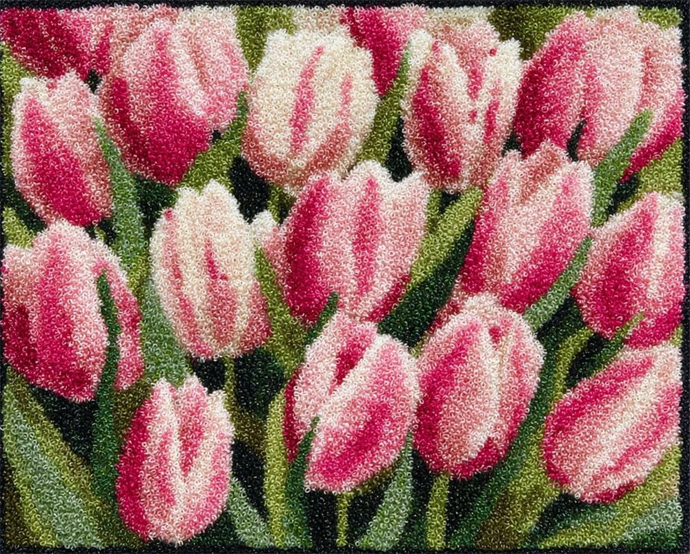 Kitquiver Latch Hook Kits for Adults Rug Pink Tulip Bouquet Crafts Crochet Yarn with Pre-Printed DIY Handmade Embroidery Needlework for Home Decoration 15X20In