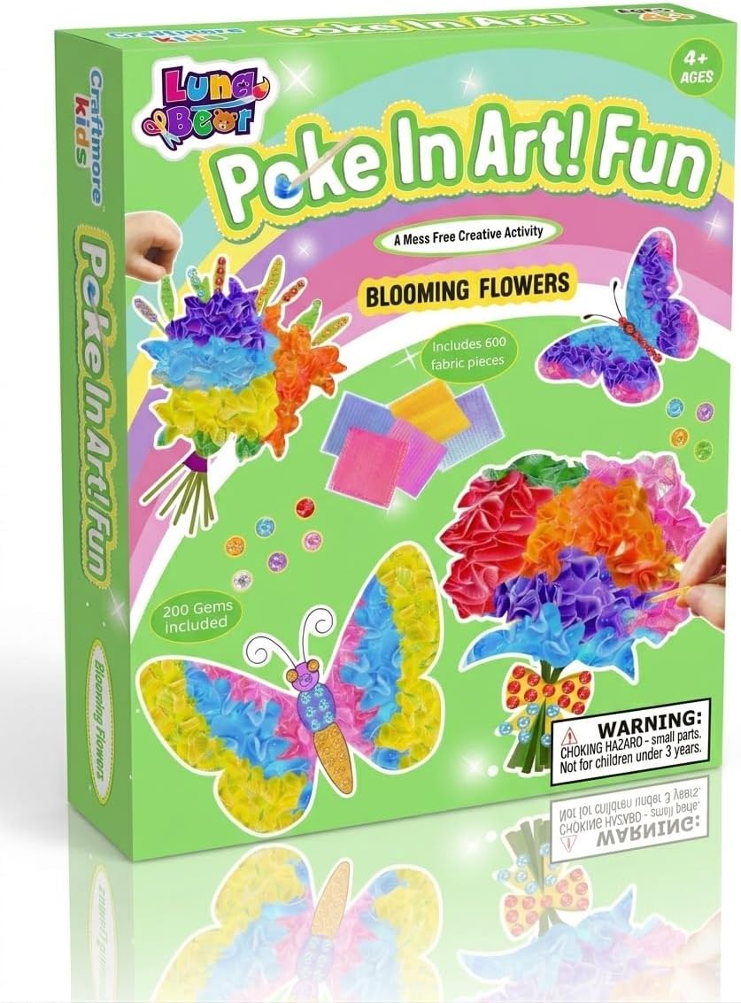 Luna Bear Poke in Art Kit – Blooming Flowers & Butterflies Craft Set | Sparkly Punch Art for Kids Ages 4-8 | Mess-Free & Screen-Free Fun for Creativity, Confidence & Fine Motor Skills