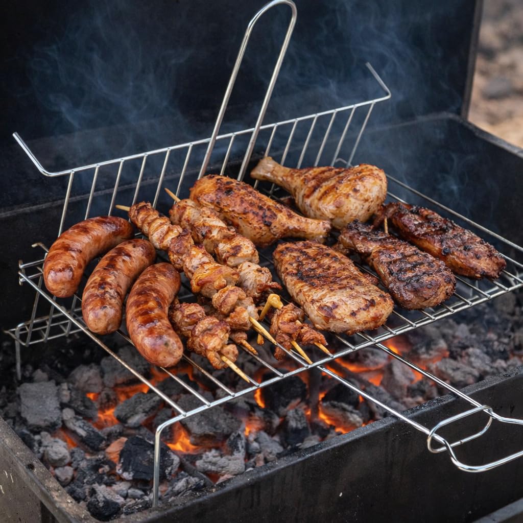 Griglia per Barbecue, Graticola in Acciaio cromato con Manico, Barre Verticali Lisce, Apribile e richiudibile (50x35 cm)