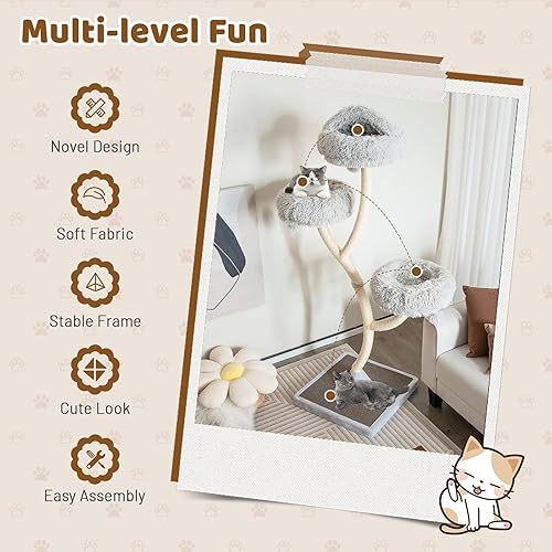 Vista 17 de Tangkula Árbol alto para gatos, torre grande de varios niveles para gatos de 70 pulgadas con 3 perchas cálidas, 3 bolas de tintineo, postes