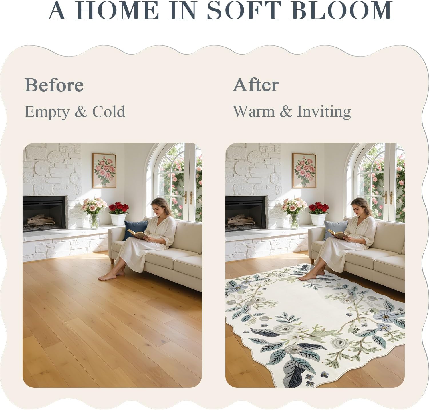 BSICPRO Floral Area Rugs, 5x7 Washable Vintage Living Room Rug with Rubber Backing Non Slip Low Pile Farmhouse Large Area Rugs for Bedroom Dining Room Playroom (Creamy White)