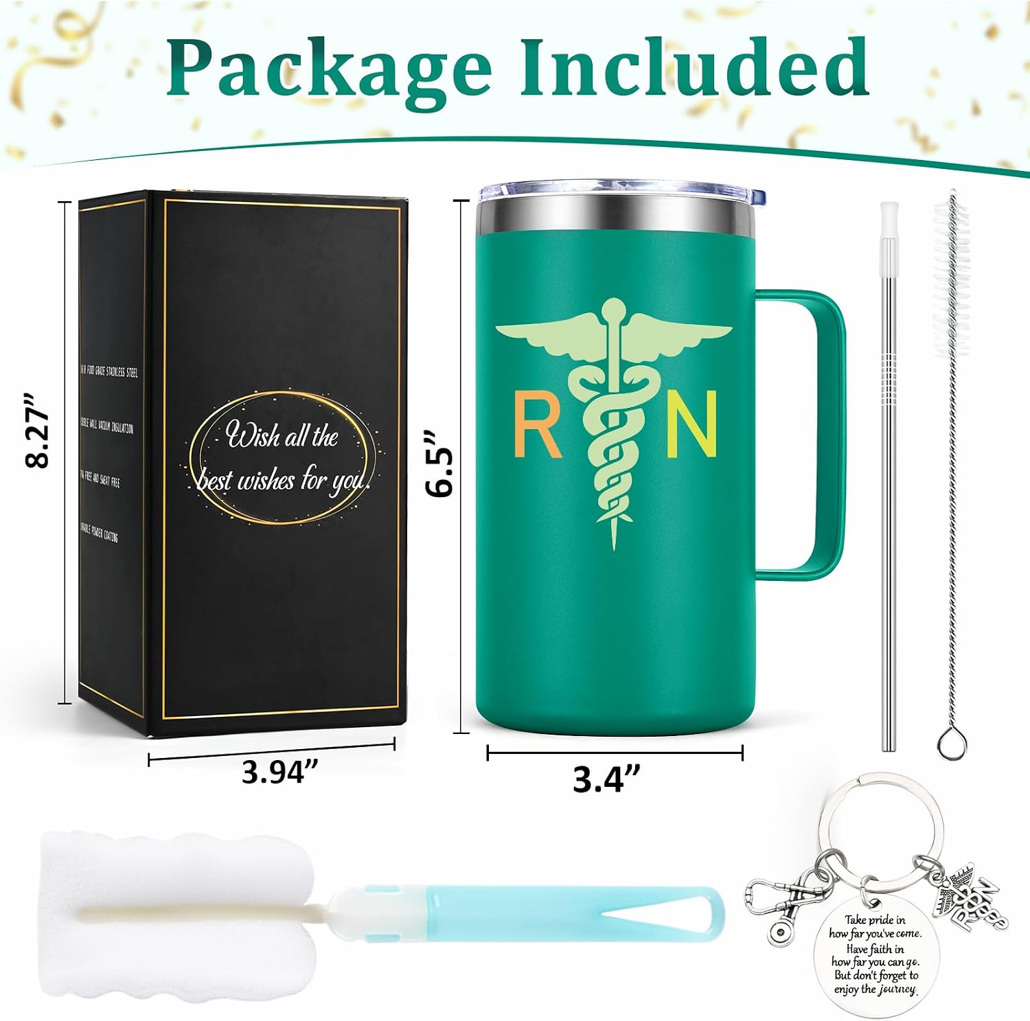 Lifecapido RN Gifts for Nurses, Nursing School Graduation Gifts for Nurse Graduates Women 2026, 20oz Registered Nurse Insulated Mug with Keychain, Lid & Straw(Green)