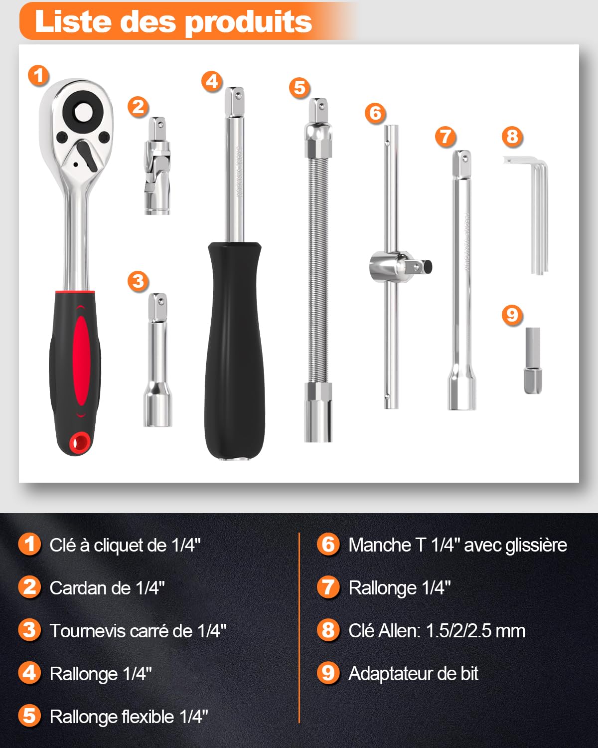 Lot de 46 Coffret Douille Cliquet 1/4" le Chromé, Ensemble de clés à Cliquet et Cliquets Adapté pour les Travaux sur Vélos et Outillage Mecanique Auto, Taille 1/4"