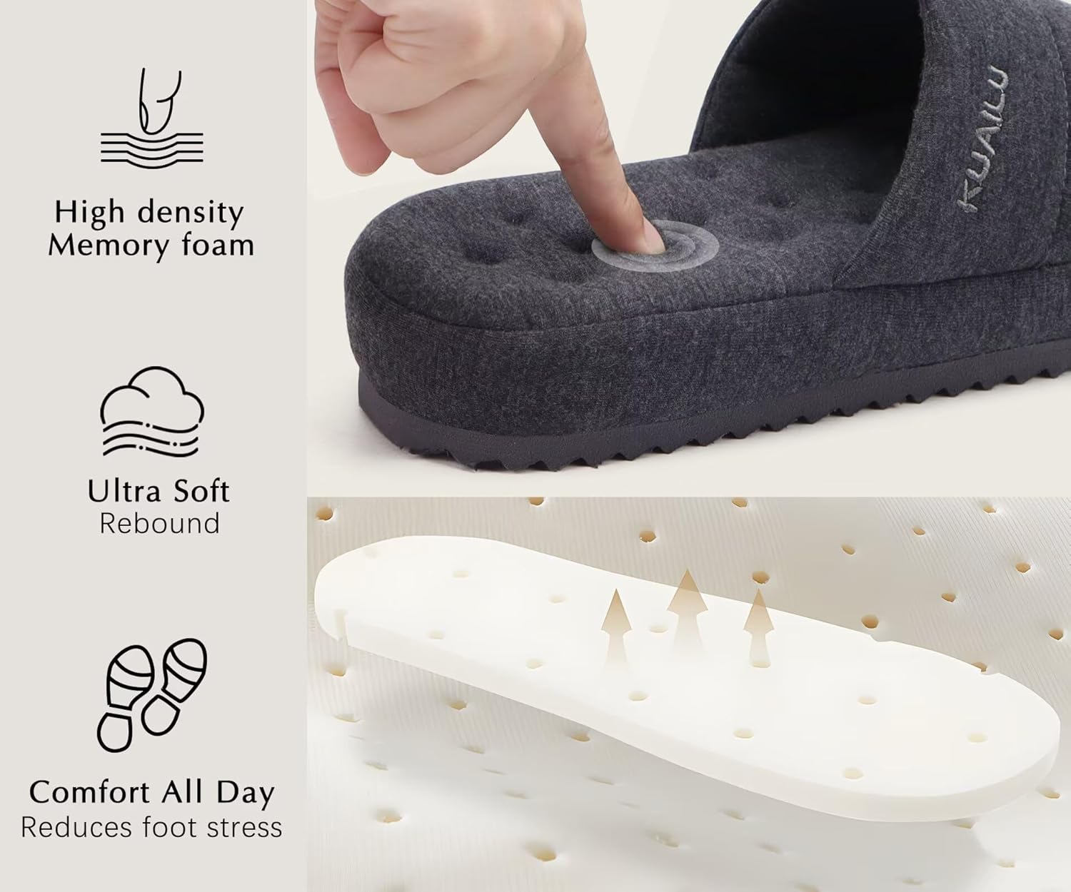 KuaiLu Men's Fashion Quilted Cotton-blend Fabric Sandal Slippers Cozy Memory Foam Indoor/Outdoor House Shoes with Lightweight Soft Cushion Footbed Hard Rubber Sole - Image 4