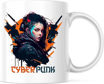Cyberpunk Art Coffee Mug - Vibrant Sci-Fi Illustration - 11 Ounce Ceramic Mug - Futuristic Design - PLDFM08897