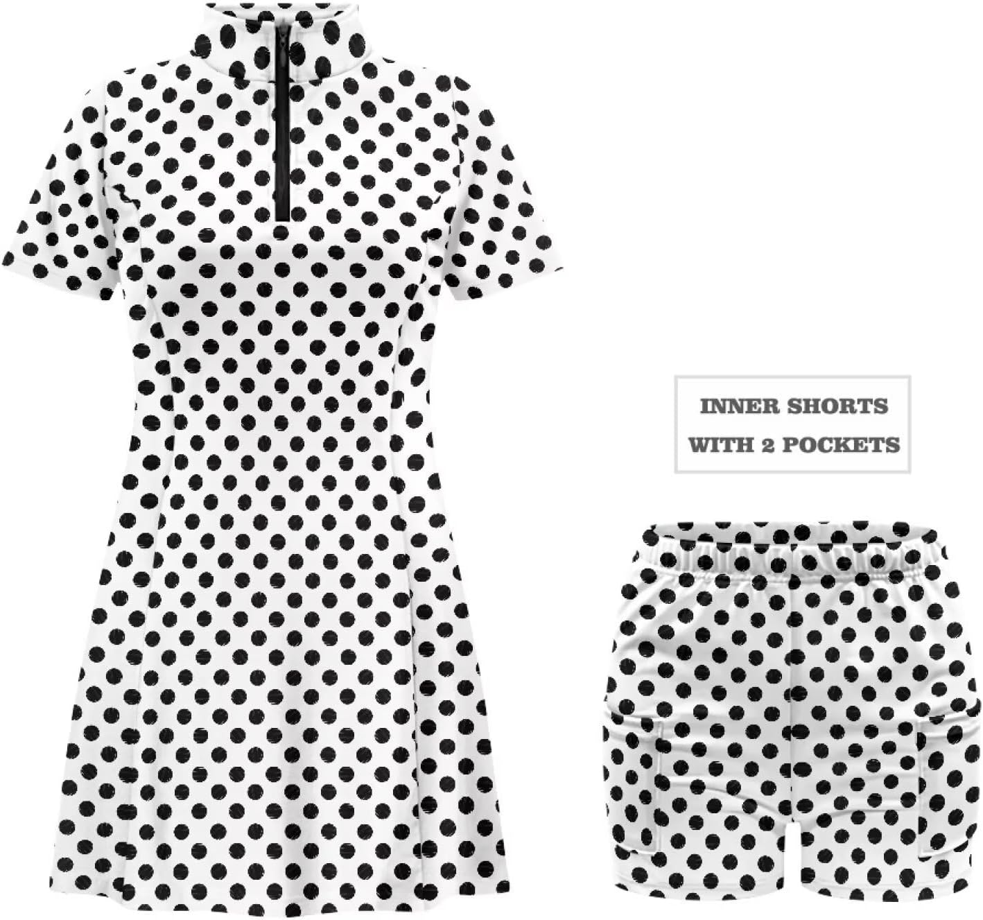 Women's Short Sleeve Golf Tennis Dress with Inner Shorts Pockets for Workout Exercise Half Zip Collar Athletic Dress