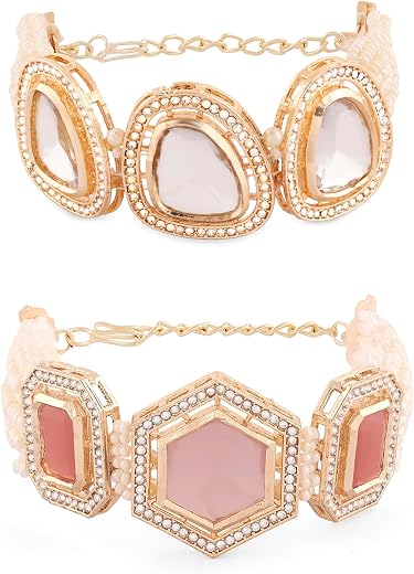 ZAVERI PEARLS Set Of 2 Pink & Gold Tone Multistrand Kundan & Beads Ethnic Bracelet For Women-ZPFK16849