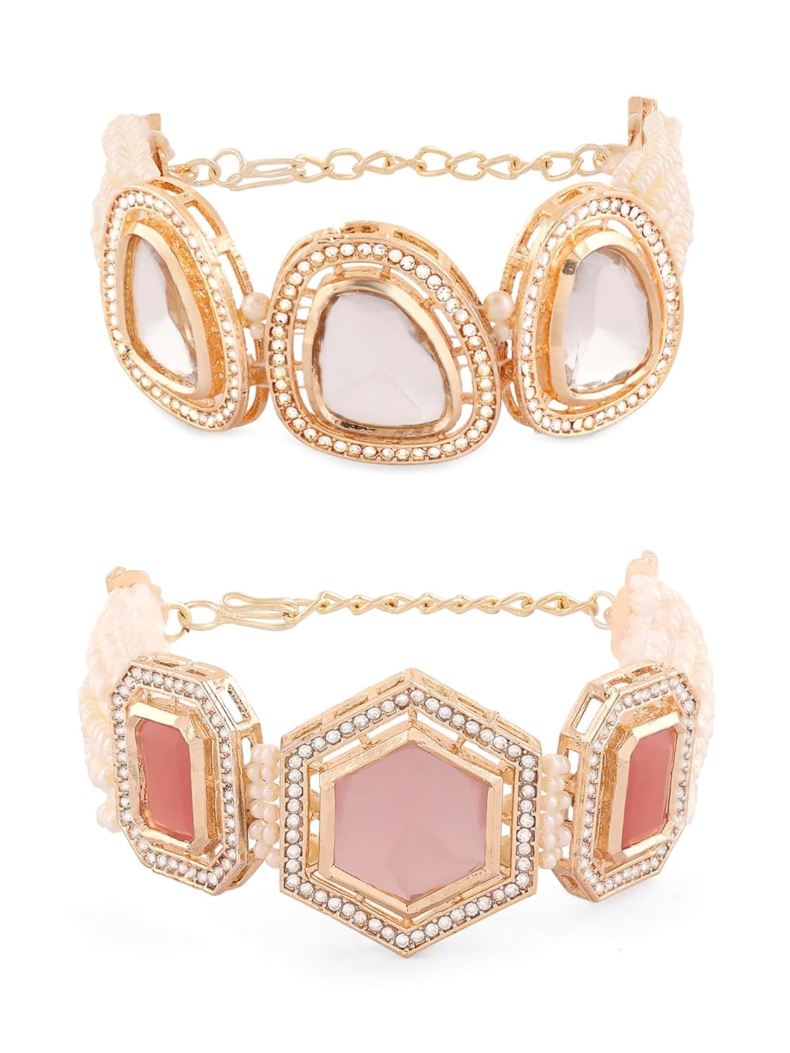 ZAVERI PEARLS Set Of 2 Pink & Gold Tone Multistrand Kundan & Beads Ethnic Bracelet For Women-ZPFK16849