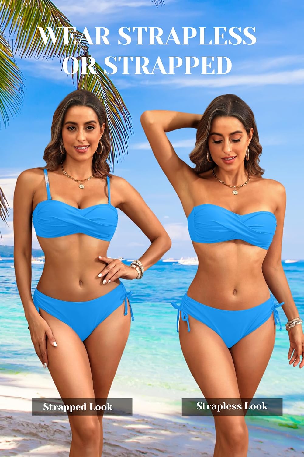 Women's Strapless Bandeau Bikini Set - Twist Front Two Piece Swimsuit Top with Side Tie Bathing Suit Bottom