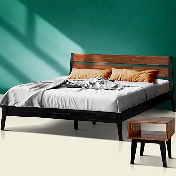 Acacia Callisto Bed Frame with Headboard Solid Wood Platform Bed, 800 lbs Capacity Bed Frame, Contemporary Signature Wood Bed Compatible with All Mattress Types Black Ristretto + Nighstand, King