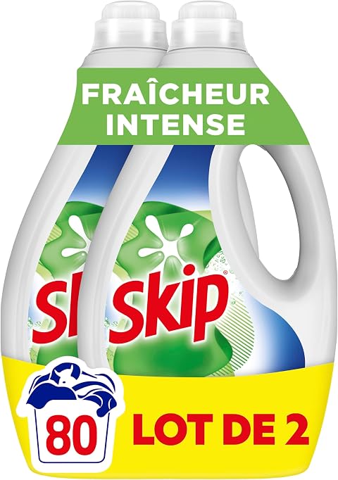 Skip - Lessive Liquide Fraicheur Intense - Action Détachante Efficace - 100% impeccable, éclatant et délicatement parfumé - 2x40 Lavages