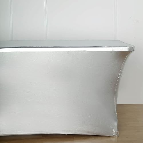 Miniatura 5 de BalsaCircle - Mantel metálico de elastano ajustable de 6 pies, color plateado, decoración de fiesta de boda, suministros de catering para el hogar