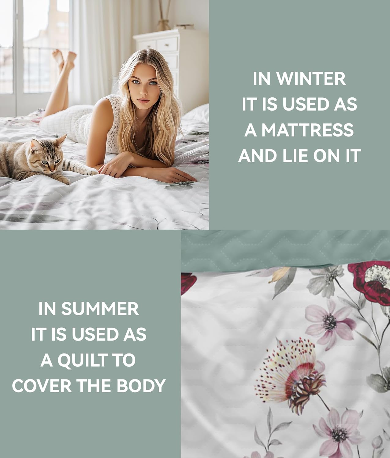 9 Pcs Queen Bed in A Bag with Curtains | Green/Red Floral Bedspread, 2 Pillowcases, 2 Print & 4 Solid Curtains | Microfiber, Silky Soft | Bedroom, Rv | Bed in A Bag with Curtains