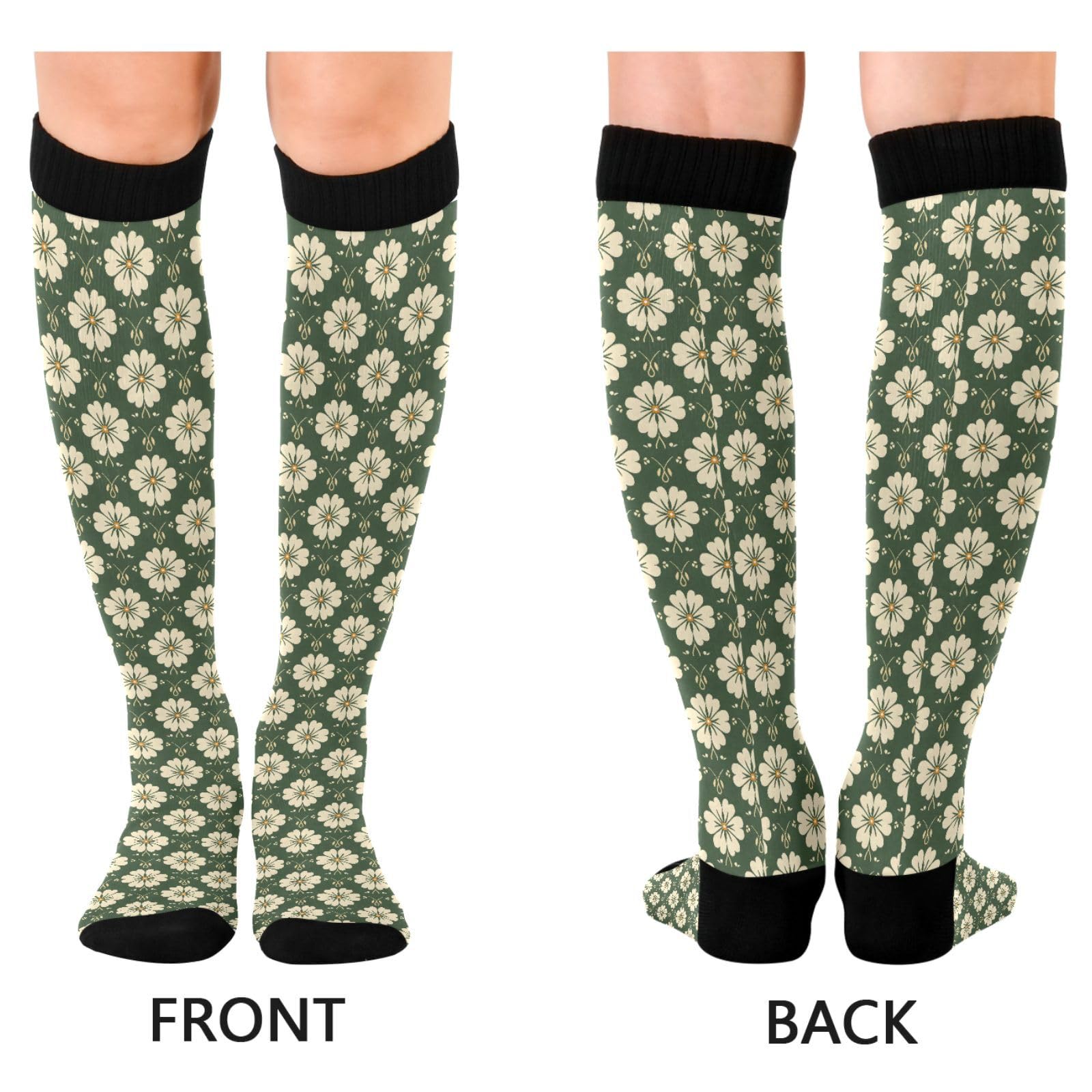 ALAZA Yellow Green Tile Blossom Compression Socks for Women Men Circulation Long Socks Running Athletic Cycling 2 pair