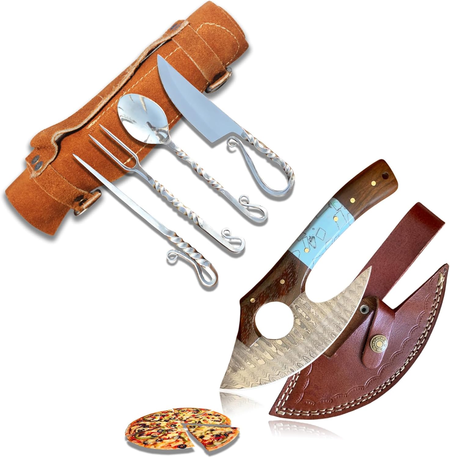 Hand Forged Viking Cutlery Set – Medieval 5PCS Silverware with Knife, Spoon, Fork & Food Pricker, Gift Viking Pizza Cutter Axe, Twisted Stainless Steel Eating Utensils with Leather Roll, BBQ Skewer