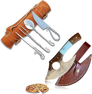 Hand Forged Viking Cutlery Set – Medieval 5PCS Silverware with Knife, Spoon, Fork & Food Pricker, Gift Viking Pizza Cutter Axe, Twisted Stainless Steel Eating Utensils with Leather Roll, BBQ Skewer