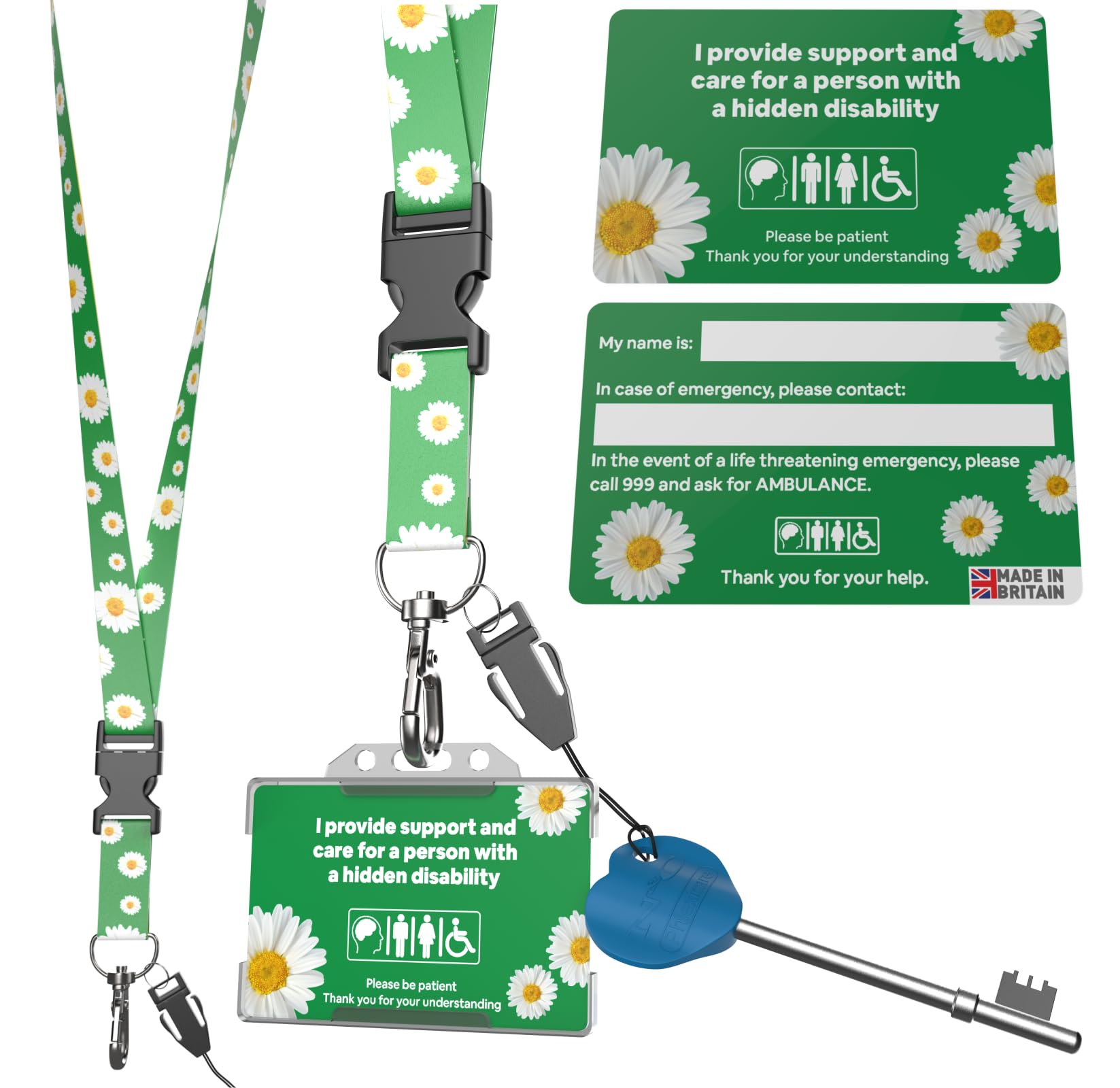 Radar Key with I Provide Support and Care for a Person with a Hidden Disability ID Card, White Daisy Flower, Premium Green Lanyard/Flower Lanyard, Space for Personalisation Details on Back of Card