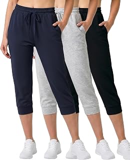 Real Essentials 3-Pack: Women's Ultra Soft Lounge Capri Joggers Sweatpants Athletic Yoga with Pockets(Available in Plus Size)