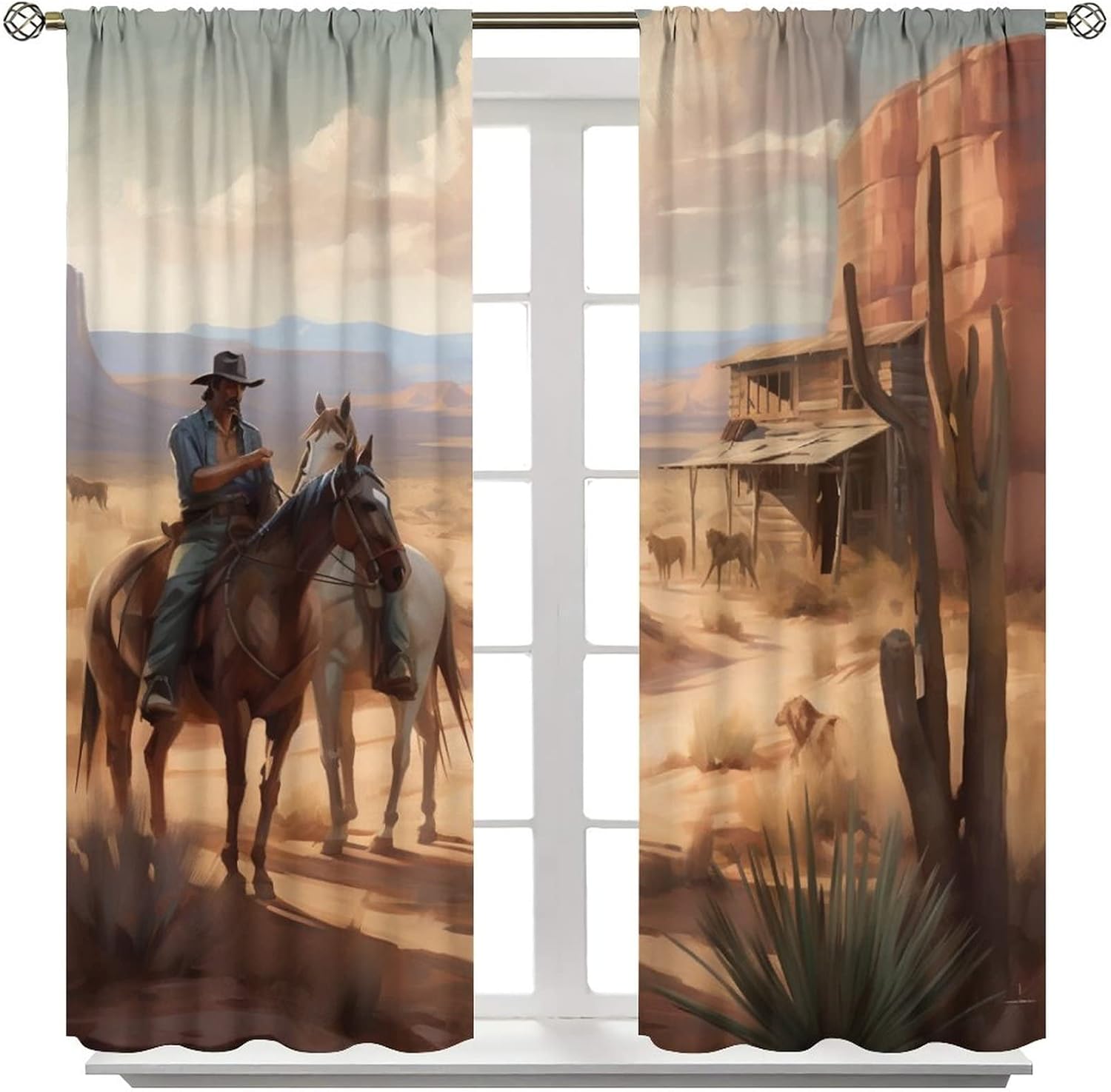 Western Cowboy Blackout Curtain,Vintage Farmhouse Country Western Desert Cowboy Horse Cactus Home Decor Windows Rod Pocket Curtains for Office Bedroom Living Room Drapes 42x45 Inch