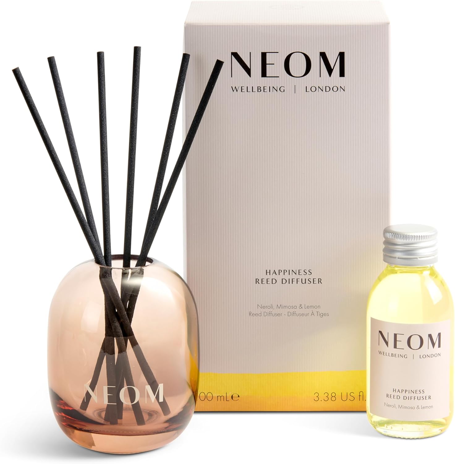 NEOM Happiness Reed Diffuser, 100ml | Neroli, Mimosa & Lemon I Lasts 12 Weeks I Pure Essential Oils I 100% Natural I Refillable & Reusable