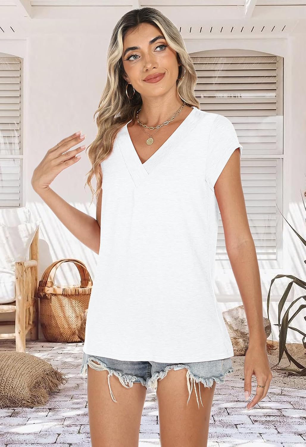 Womens Summer Tops Casual Spring V Neck T Shirts Cap Sleeve Basic Trendy Blouses Beach Vacation Clothes Fashion Outfits 2026