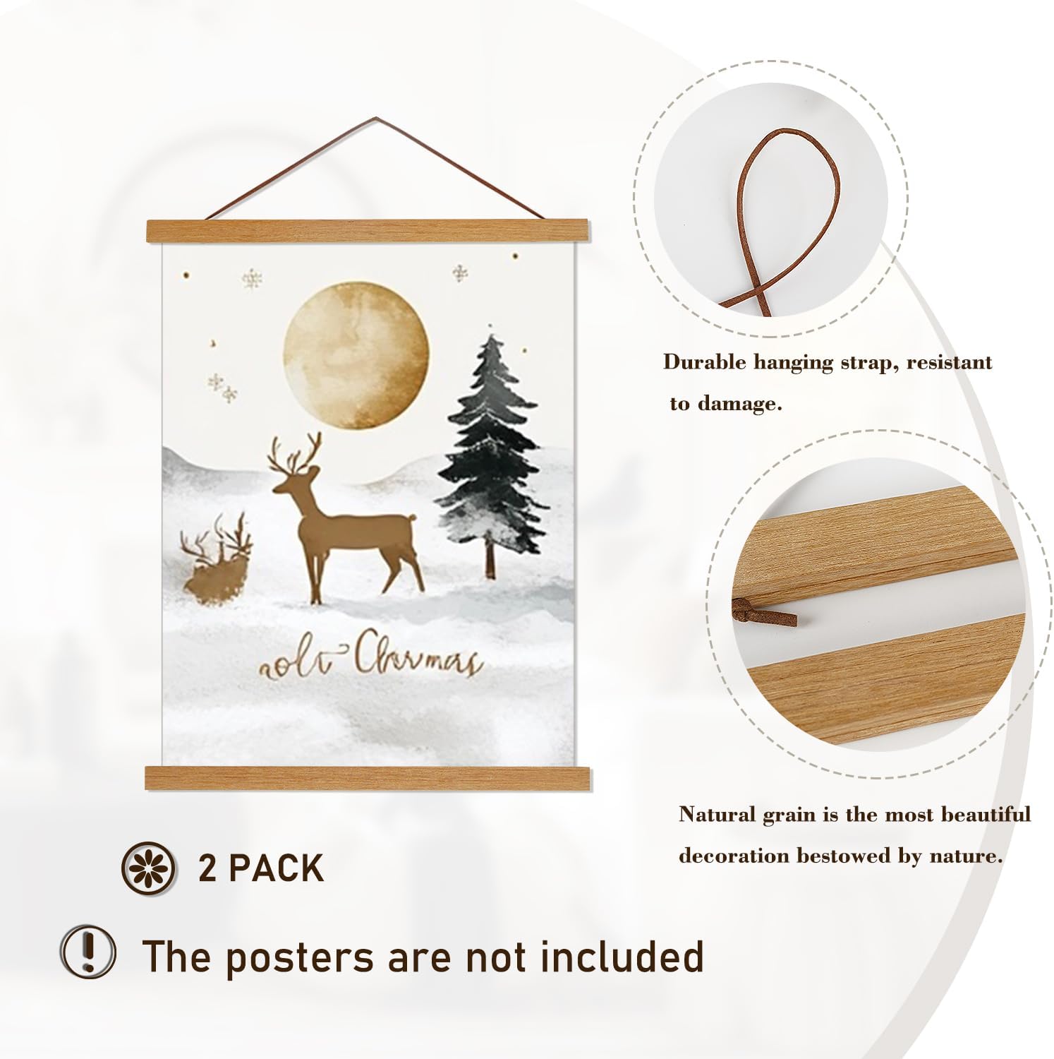 2 Pack Magnetic Poster Hanger Frame, 28x22 28x40 28x29 Light Wood Wooden Magnet Canvas Artwork Print Dowel Poster Hangers Frames Hanging Kit (Teak Wood, 28", 2 Packs)