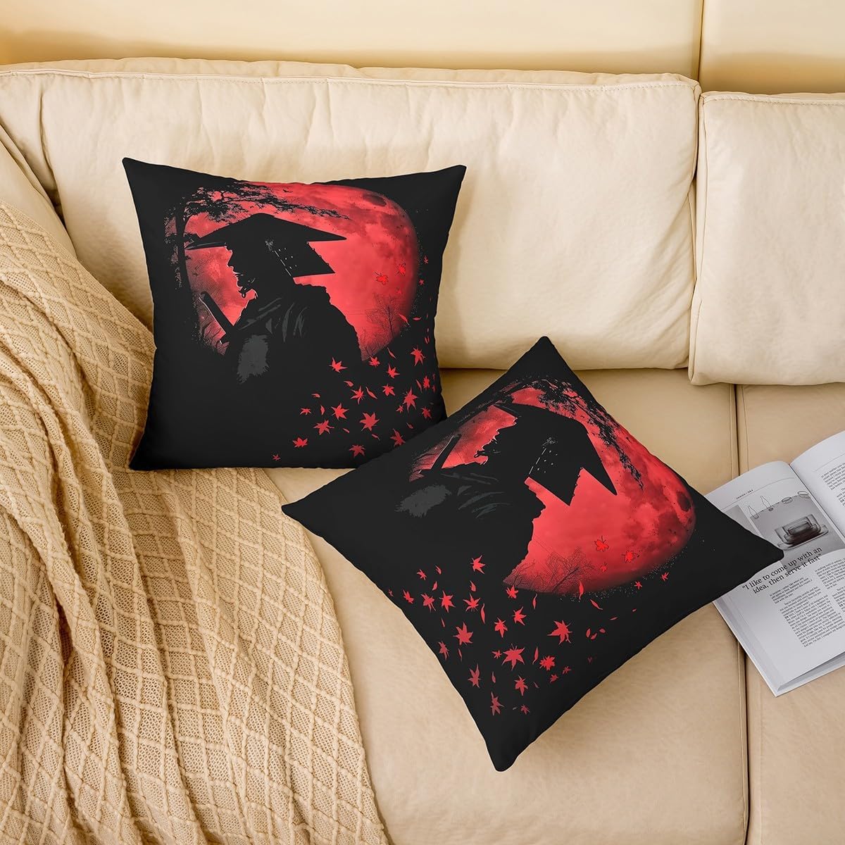 jejeloiu Samurai Throw Pillow Covers Set of 2 Japanese Japan Cushion Case Anime Decor Pillowcase Indoor Outdoor Super Soft 22 x 22-Inch image 2