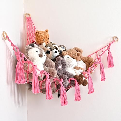 Hautton Hamaca de almacenamiento de red para animales de peluche, hamaca colgante de macramé, organizador de juguetes de peluche, soporte de red de