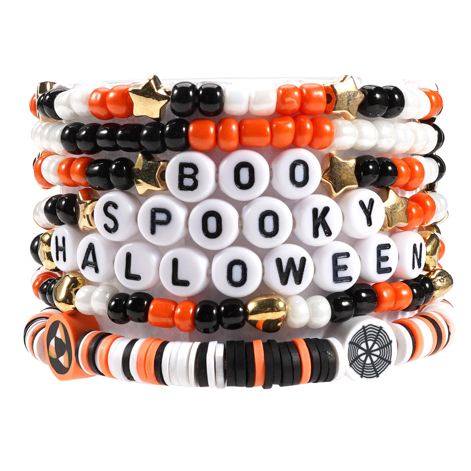 BudsmileHalloween Bracelets for Women Boo Pumpkin Skull Ghosts Stretchy Beaded Bracelets Spooky Skeleton Bat Cat Stackable Bracelet Christmas Bracelet Jewelry