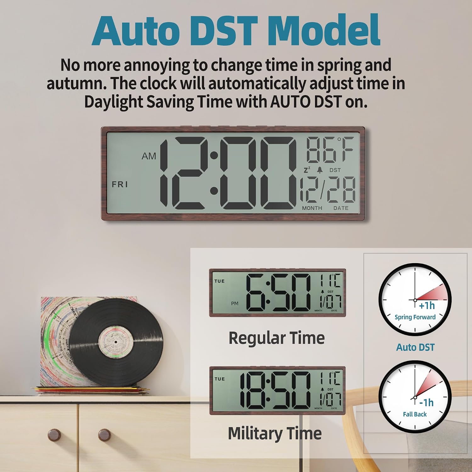 15 Large Digital Wall Clock Battery Operated Wood, Clock with Large Display Numbers, Calendar, Auto DST, Clocks for Living Room, Kitchen, Office, Bedroom