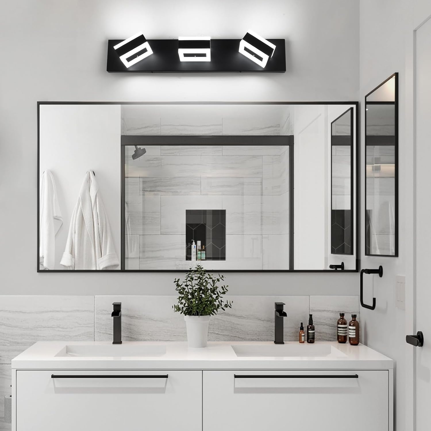 LED Modern Bathroom Vanity Light, 24 in Modern Bathroom Light Fixtures Over Mirror, Matte Black Wall Light, 6000K Cool White Vanity Lights with 360° Adjustable Heads Acrylic Shades