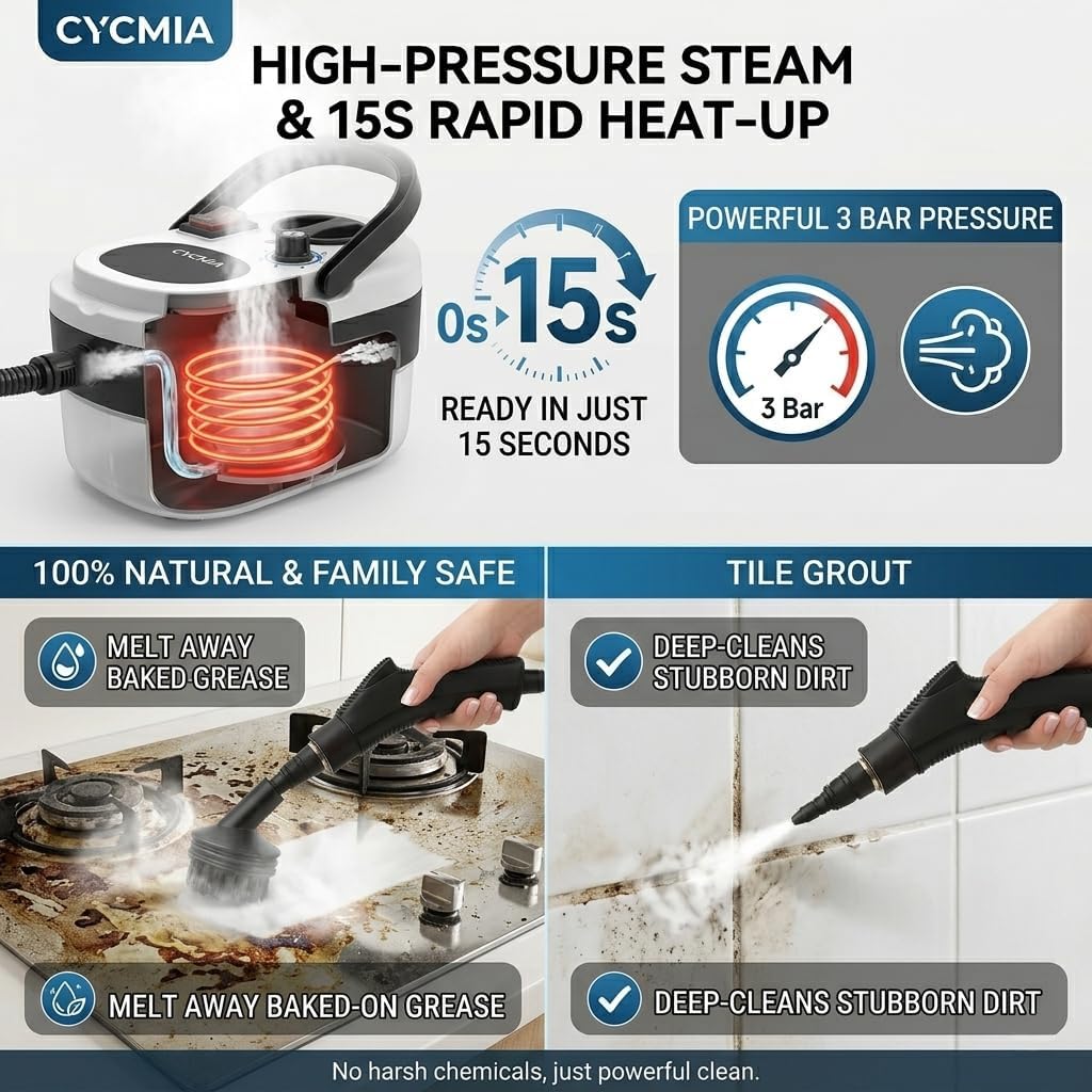 Handheld Steam Cleaner, 6-Level Adjustable Steamer for Cleaning withButtonControl, High Pressure PressurizedPortable SteamCleaning Machine for Home, Kitchen Grease, Car Detailing, Tile, Windows
