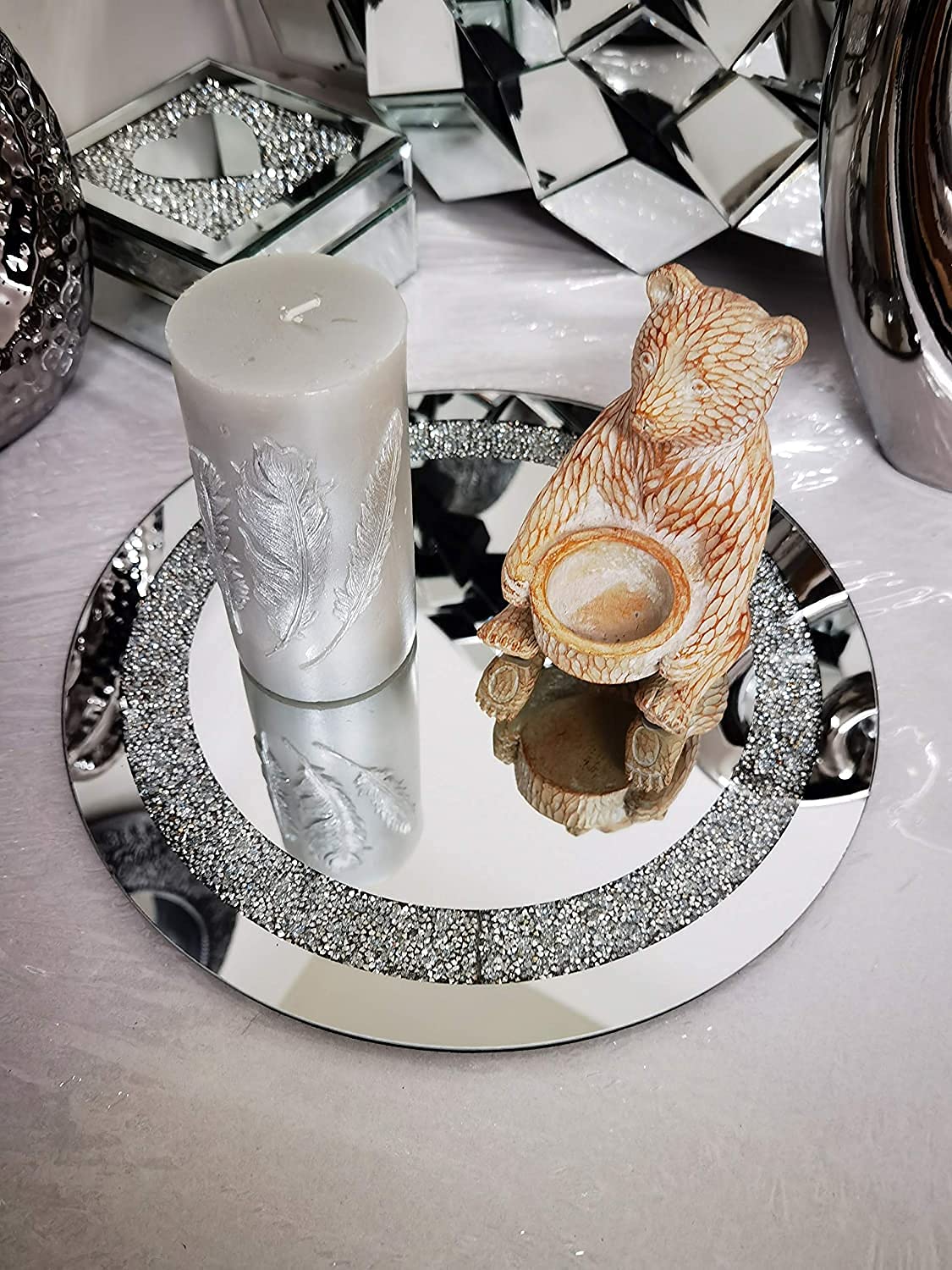 Biznest 30Cm Round Diamante Mirrored Crystal Candle Plate Candle Holder Loose Jewel Candle Holder An Elegant Addition To Your Home- Best Gift