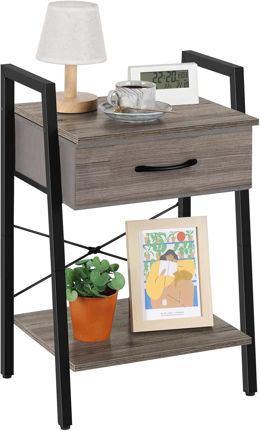 Rustic Grey Night Stand with Fabric Drawer and Open Storage Shelf — free download