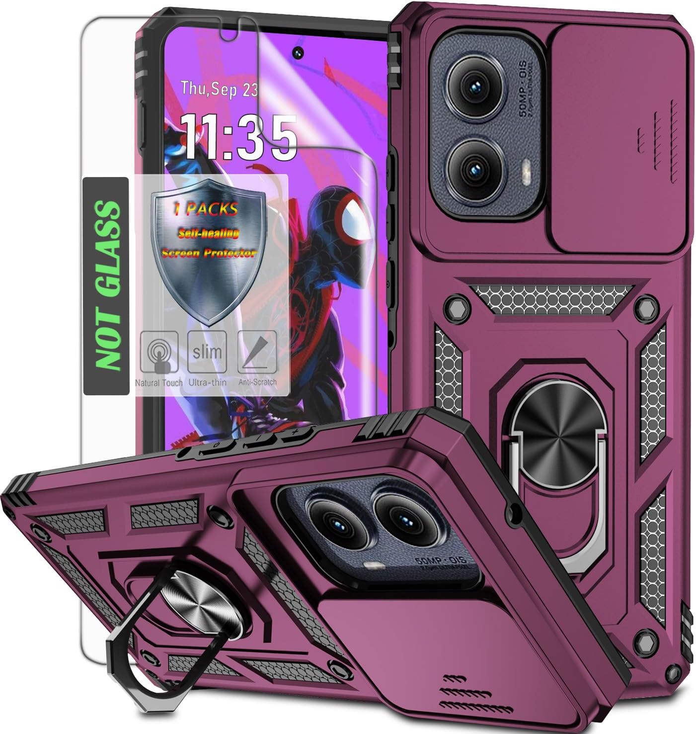for Moto Edge 2024 Case,with 2 Pcs HD Self-Healing Screen Protector,Slide Camera Cover Protective Case with Finger Ring Holder Kickstand for Motorola Moto Edge 5G 2024 6.6 inch-Wine Red
