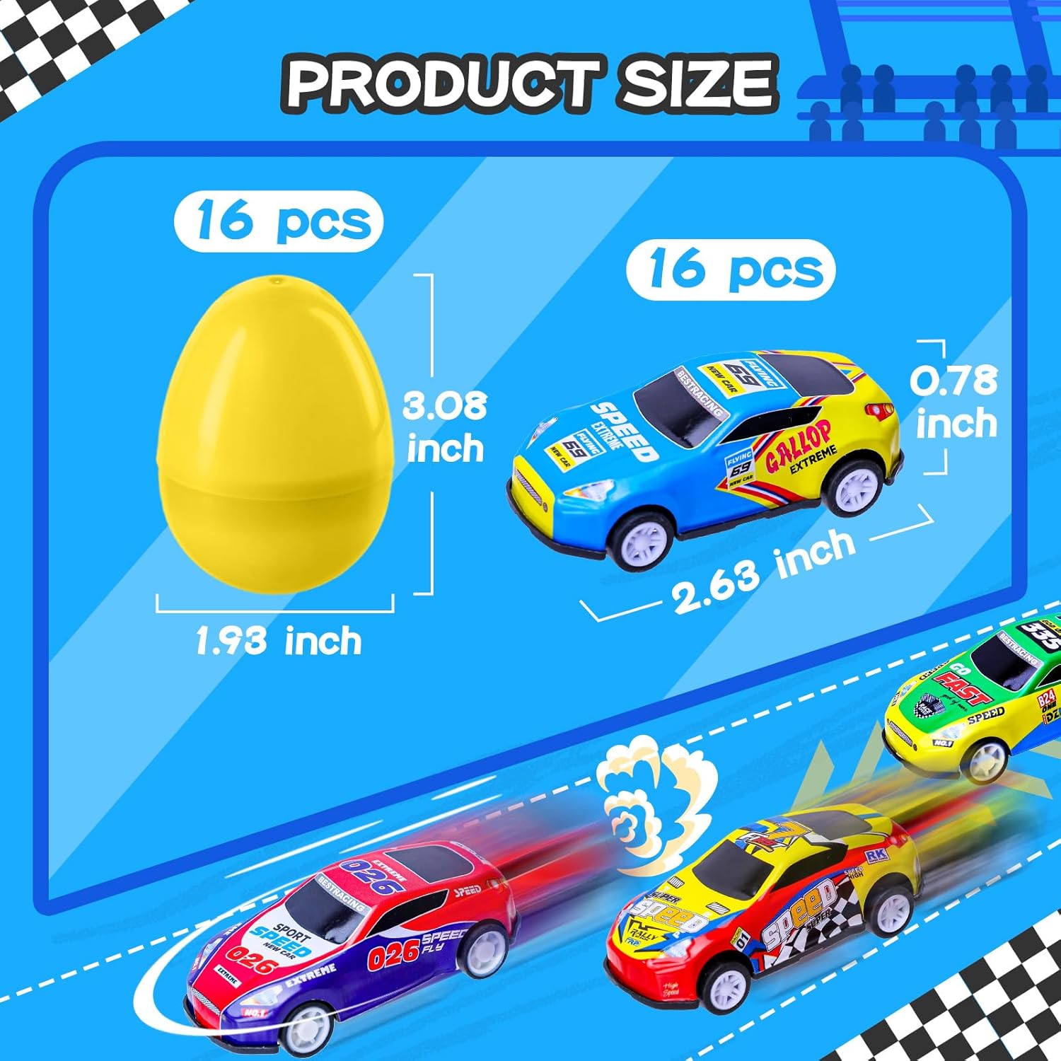 MGparty 16 PCS Prefilled Easter Eggs with Pull Back Cars, Easter Basket Stuffers and Egg Hunt Toys for Kids, Race Car Easter Gifts for Boys and Girls, Party Favors and Classroom Prizes