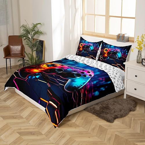 Miniatura 2 de Manfei Juego de funda de edredón de videojuegos tamaño Queen, juego de ropa de cama geométrica de panal de abeja de 3 piezas para niños y