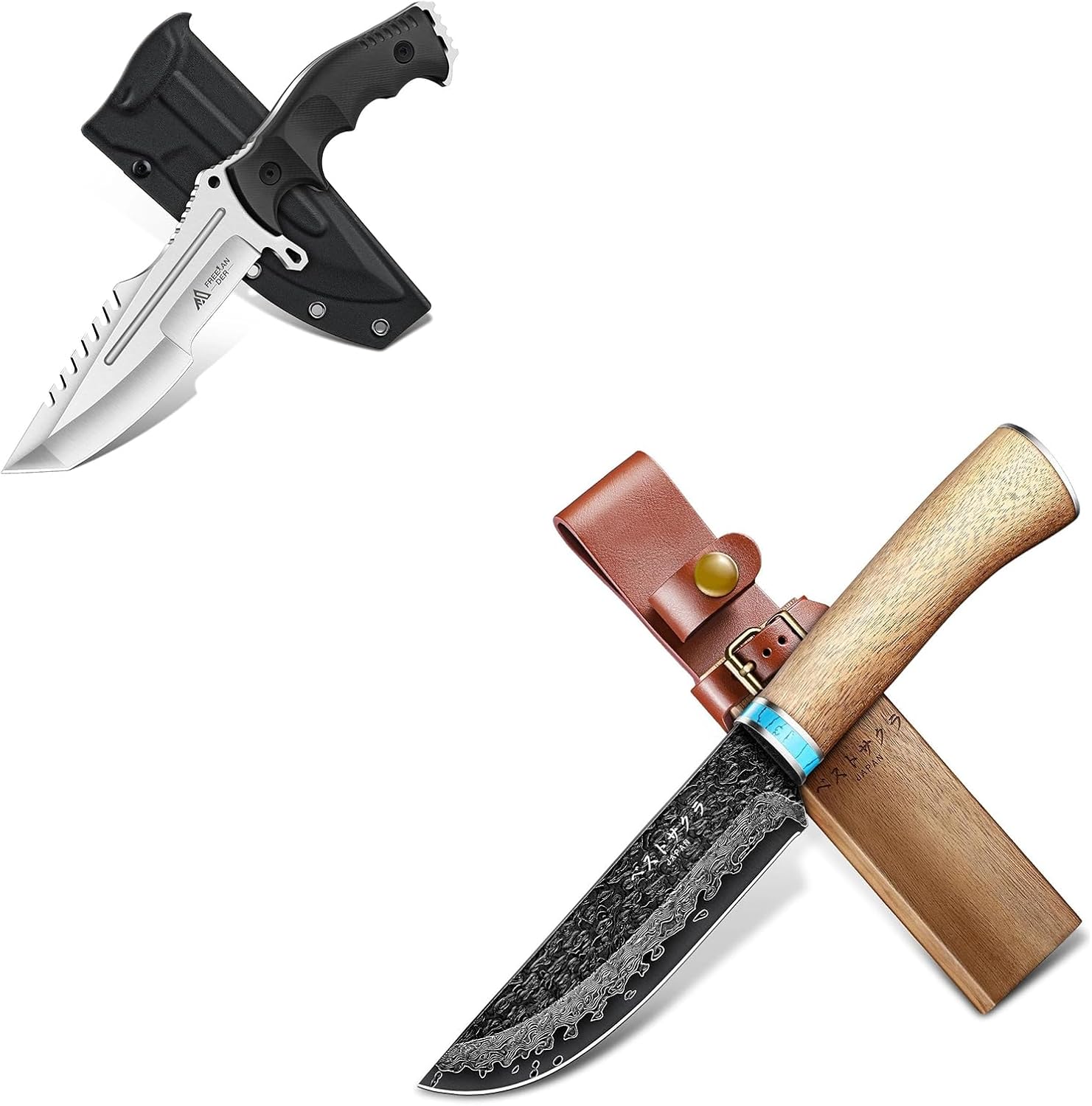 Freelander Damascus Fixed Blade Knife Bundle With Bushcraft Knife Full Tang D2 Steel