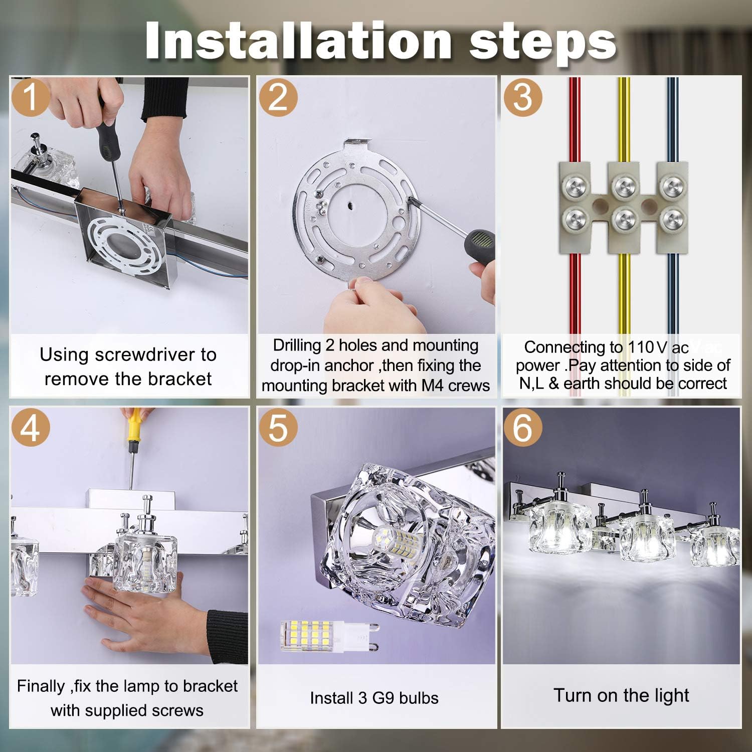 One-Day Sale: Up to 70% Off SUNVP Modern Chrome Crystal Glass 3 Light Bathroom Vanity Light Over Mirror with 3 G9 Bulbs Interior Crystal Wall Sconce Lighting Vanity Fixtures for Bathroom Living Room Bedroom