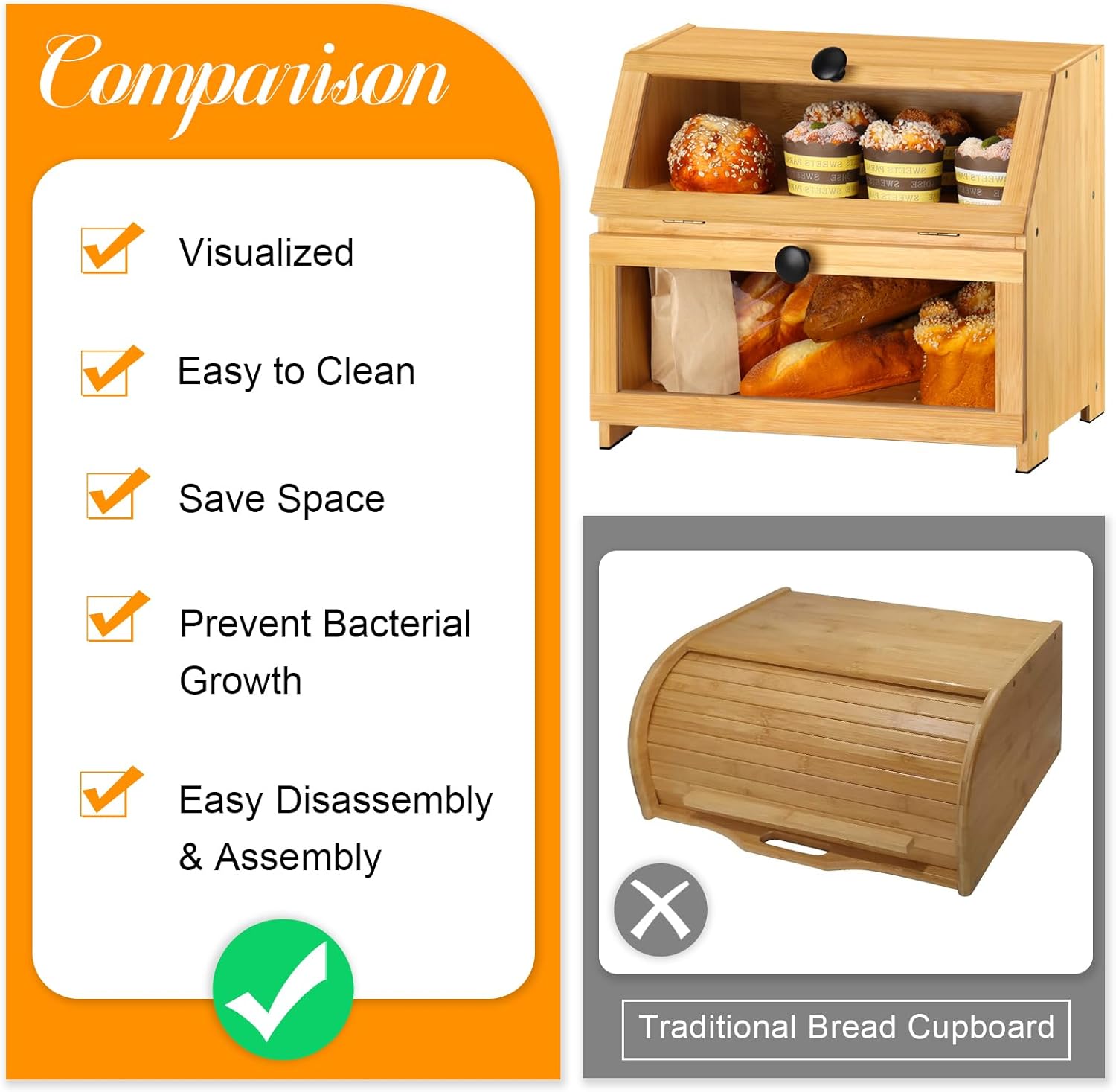 Bamboo Bread Box for Kitchen Countertop, Large Bread Storage Container Bin 2 Layer Breadbox Holder for Kitchen Counter, Cabinet, Pantry, Cupboard (Natural)