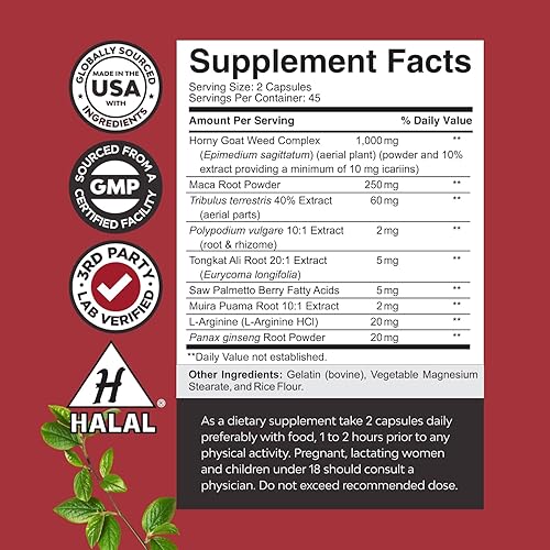 Miniatura 2 de Paquete de hierba de cabra cachonda para hombres con raíz de maca negra, Tongkat Ali, Saw Palmetto y extracto de Panax ginseng y lidocaína