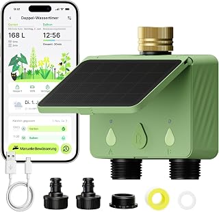 Solar WLAN Bewässerungscomputer für Garten, 2-Wege Smart Bewässerungsuhr mit Durchflussmesser, Kein Hub erforderlich, Messing-Einlass, App & Sprachsteuerung (Alexa/Google), Regenverzögerung