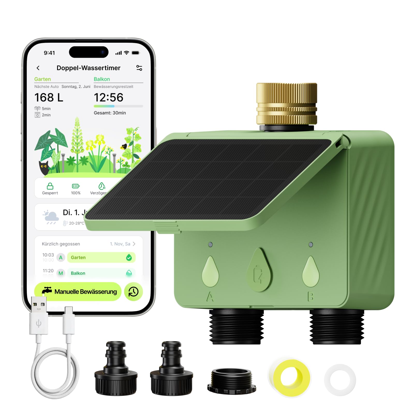 Solar WLAN Bewässerungscomputer für Garten, 2-Wege Smart Bewässerungsuhr mit Durchflussmesser, Kein Hub erforderlich, Messing-Einlass, App & Sprachsteuerung (Alexa/Google), Regenverzögerung