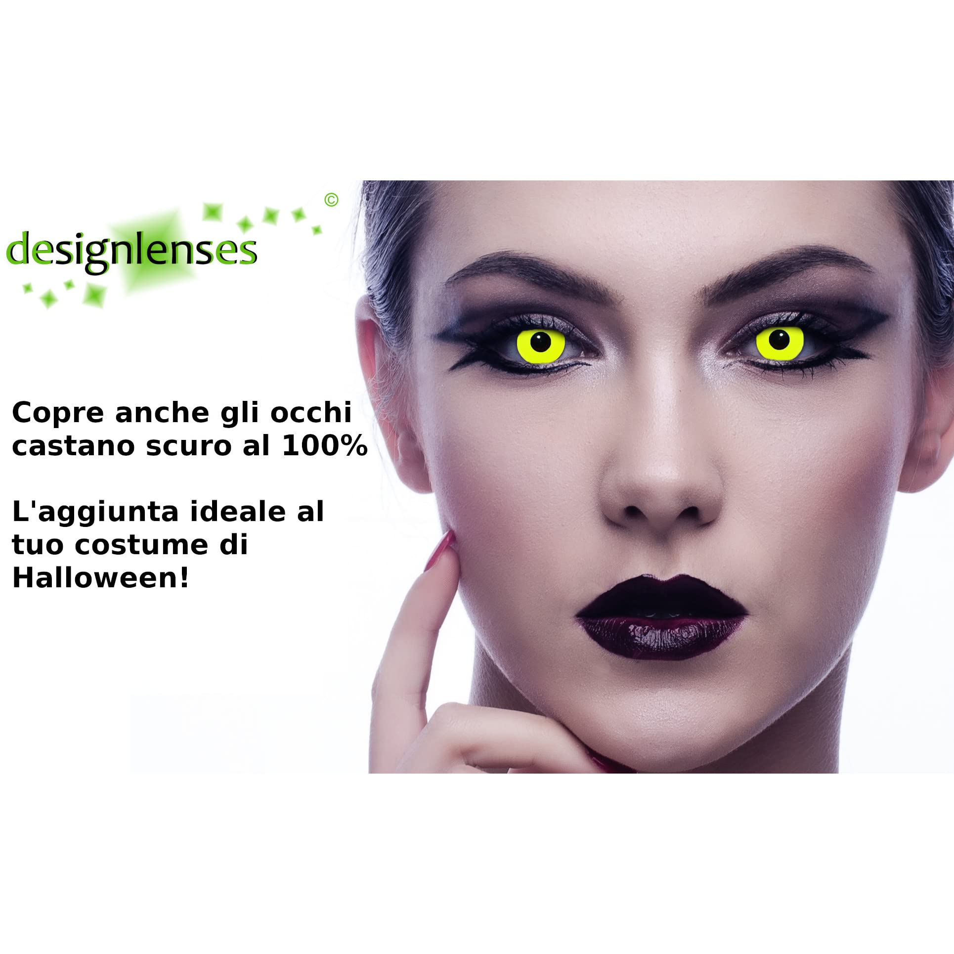 Lenti a contatto colorate gialle per costume di Halloween da zombie, senza gradazione, 1 paio (2 pezzi), lentes colore completamente giallo + custodia per lenti "Yellow Bigeye"