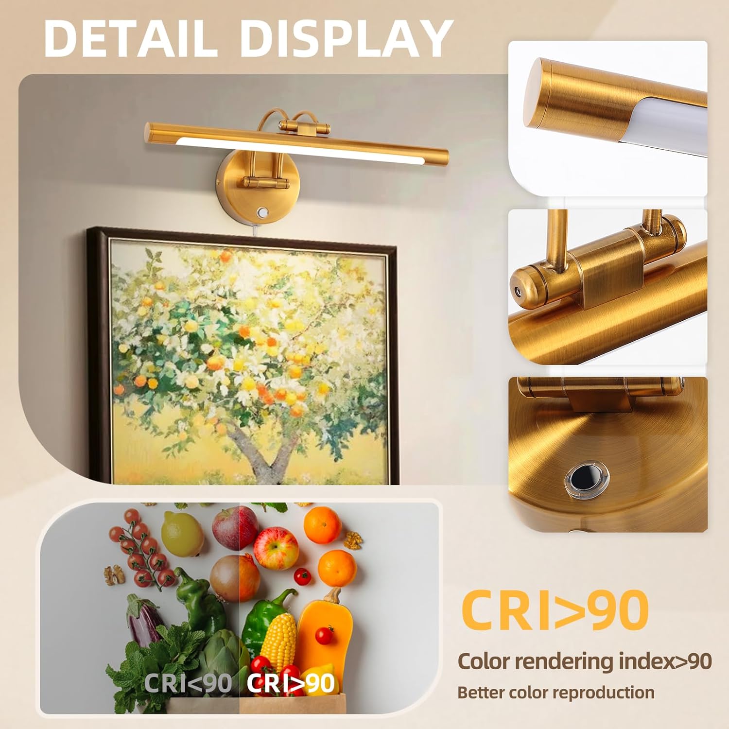 40cm Bathroom Vanity Light 15.7" Picture Light,Plug in,Led,8W Wall Lights for Paintings,3000K,CRI90+,Touch Dimming,Rotatable Poster Lights for Display,Cabinet,Art Work,Gallery(Brass-Color)