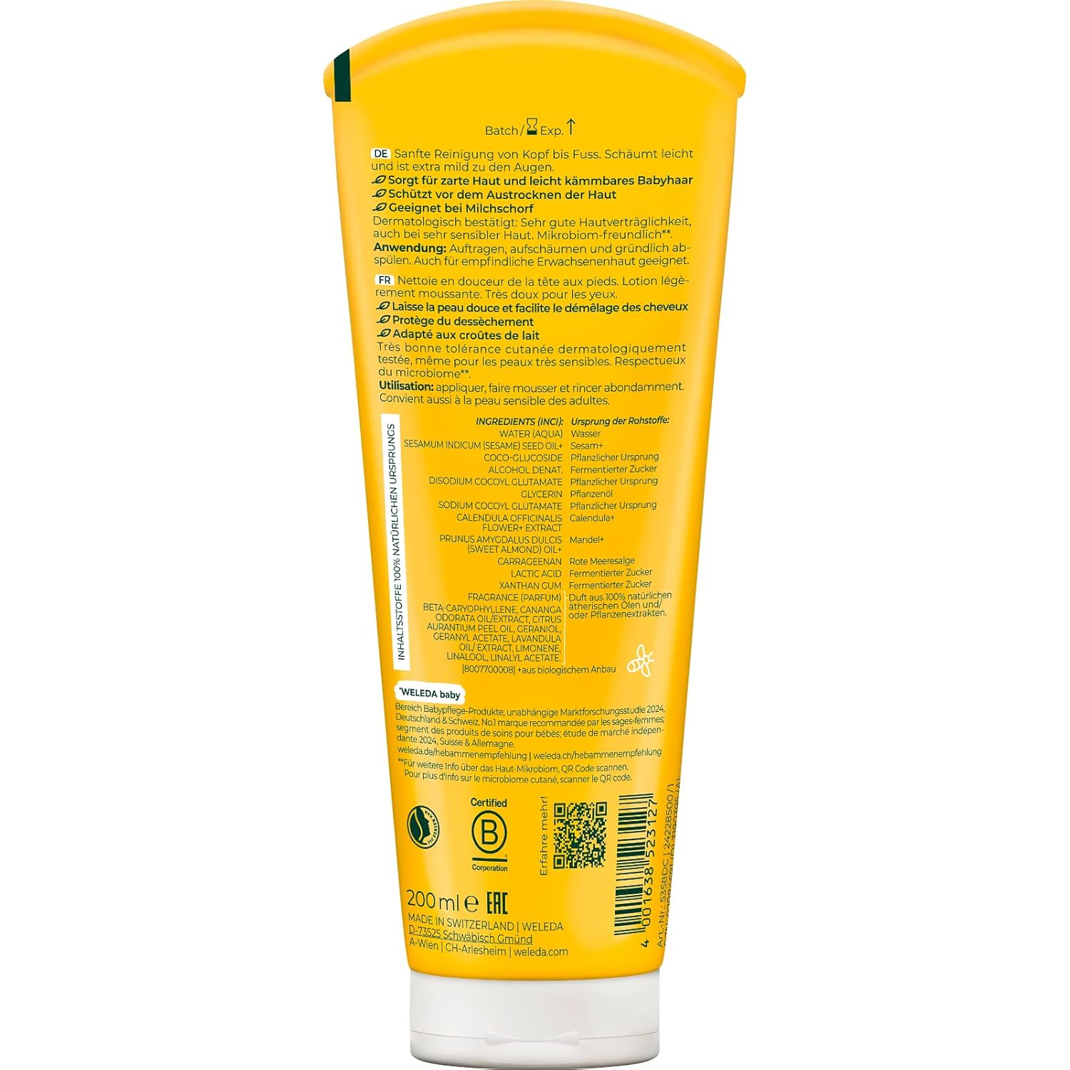 Nahaufnahme der Weleda Bio Calendula Baby Waschlotion & Shampoo Flasche, die die natürliche Textur und das Design hervorhebt.