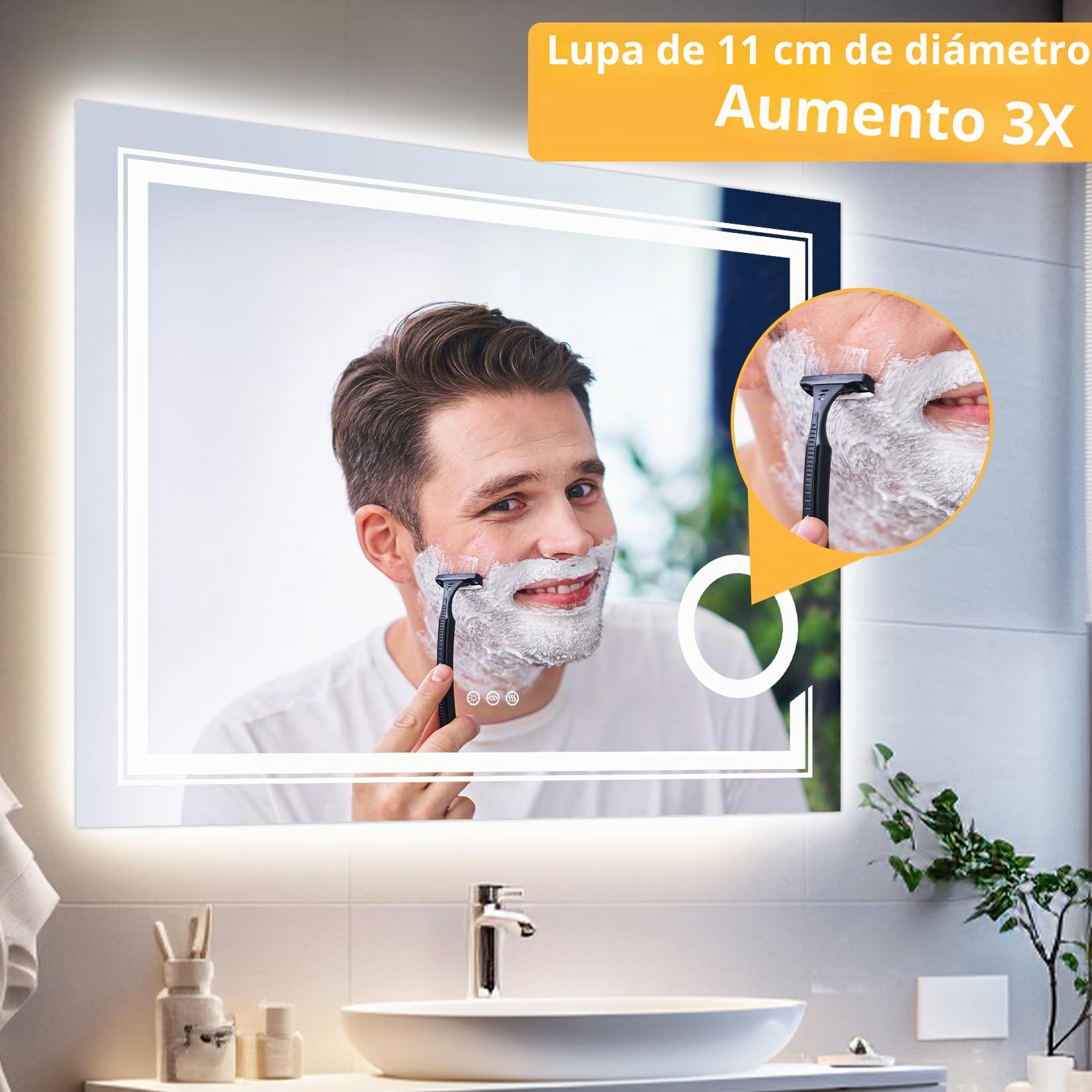 LUVODI Espejo de Baño Pared 70 x 90 cm con 3X Aumento Luz LED Frontal y Retroiluminado Espejo Baño Moderno con Interruptor Táctil Función Antivaho Memoria, IP56, CRI>97,CE, para Lavavo Tocador