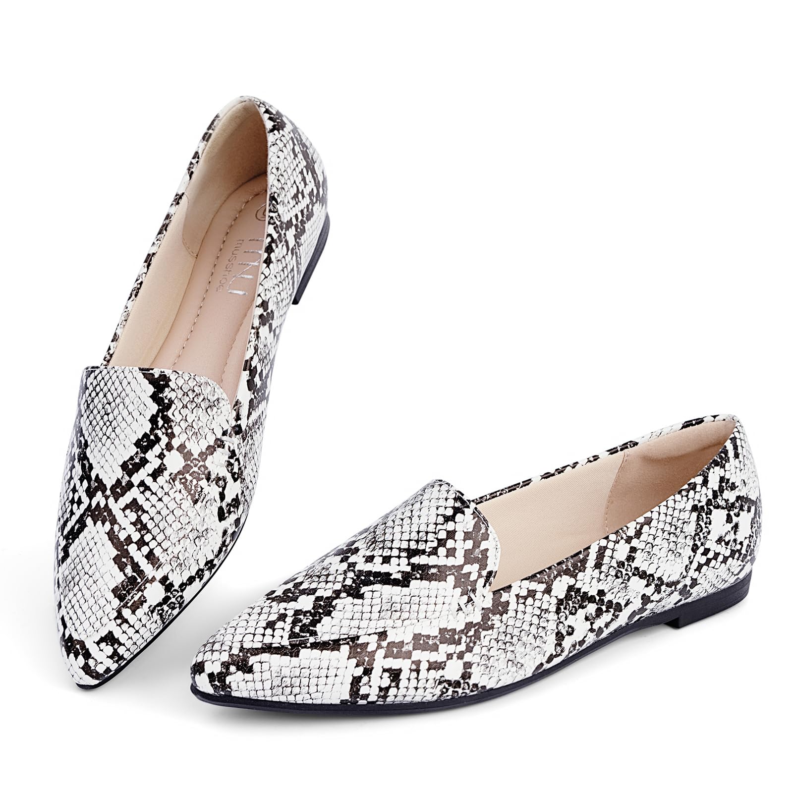 MUSSHOE Pointed Toe Flats for Women: Comfortable Business Casual Work Shoes - Soft Faux Suede Slip On Loafers with Arch Support for Office & Walking