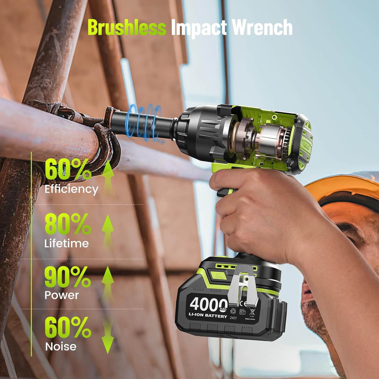 Robustrue 1400N.m (1032ft-lbs) Cordless Impact Wrench, 11Pcs Tire Repair Kit, 1/2" Brushless High Torque Impact Gun, 2x4000 mAh Batteries, Fast Charger, Impact Driver for Car Home/Truck RV/Mower